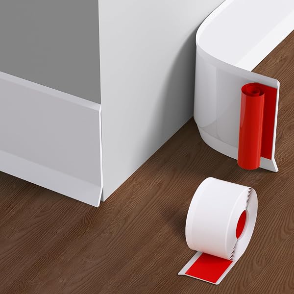 FLEXIBLE BASEBOARD MOLDING TRIM, 4 INCH X 20 FEET VINYL WALL BASE WITH 10% WIDER SELF-ADHESIVE TAPE, PEEL AND STICK COVE BASE, RUBBER WALL BASE BASEBOARD TRIM FOR GARAGE, LIVING ROOM,BATHROOMS, WHITE