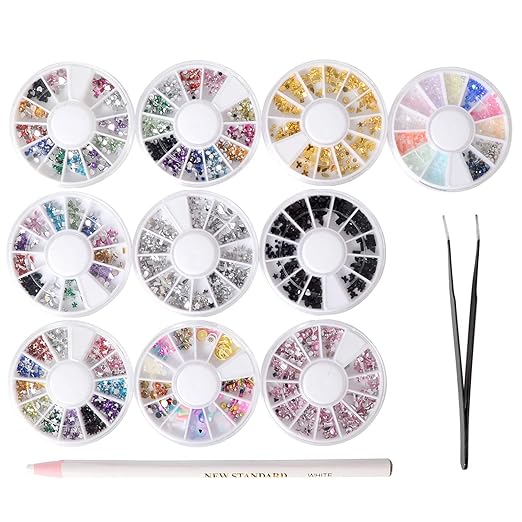 10 Boxen Nail Art Strass Steine Set für Nail Art Dekorationen, Nail Perlen Glitter Kristalle Strass Nagel Dekoration mit 1 St