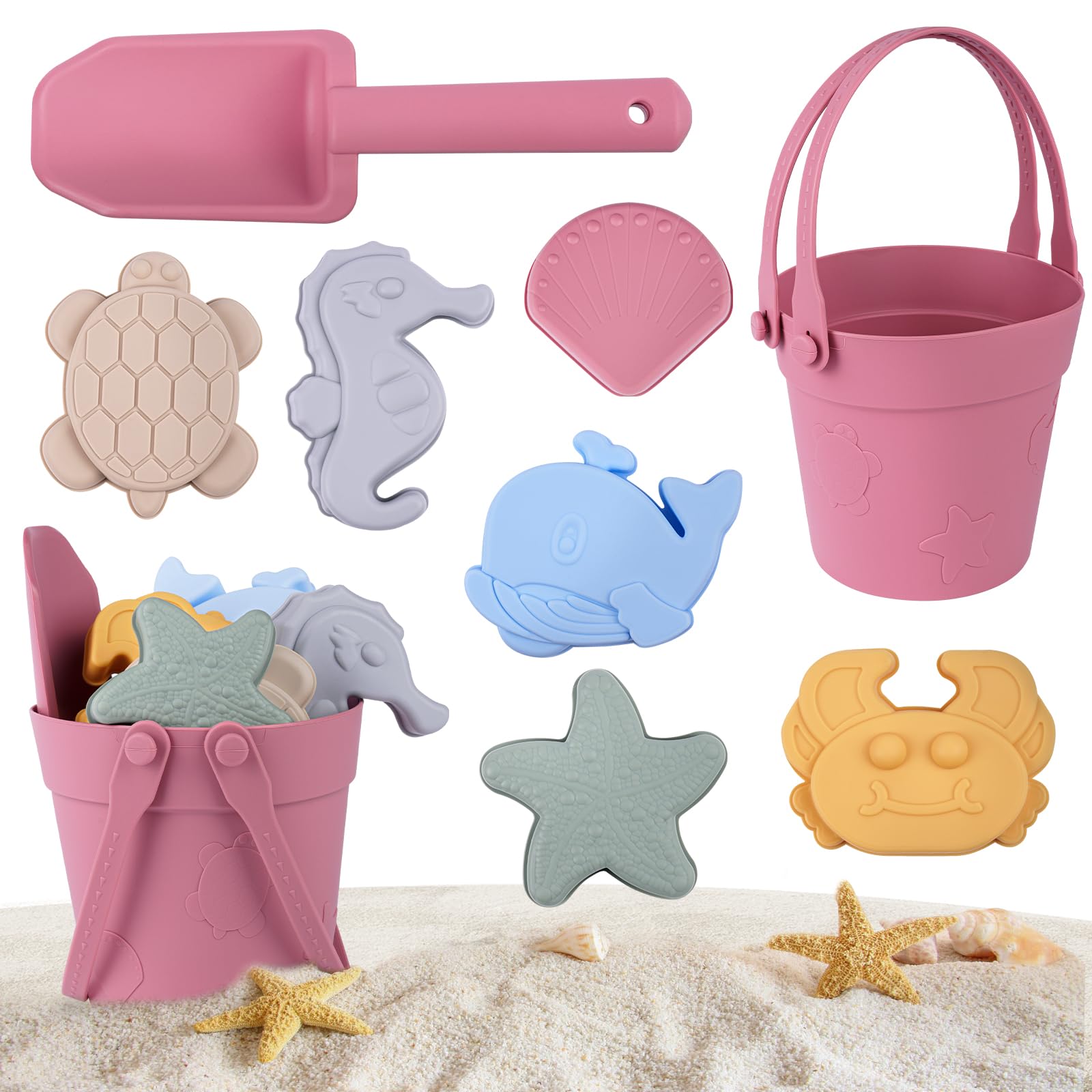 HOTUT Silicone Sand Toys, 8 PCS Beach Bucket Set with Shovels and Sea Animal Soft Molds for Kids - Summer Party Camping Activities - Wine Red