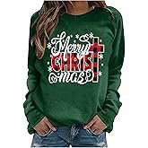 RFBIQI Merry Christmas Sweatshirt Women Jesus Cross Graphic Shirt Buffalo Plaid Printed Xmas Pullover Casual Long Sleeve Tops