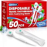 50 Pack Mini Disposable Toothbrushes with Toothpaste, Individually Wrapped | Pre-pasted mint formula needs no water or rinsing; soft bristles, tongue scraper and pick support quick oral care on the go
