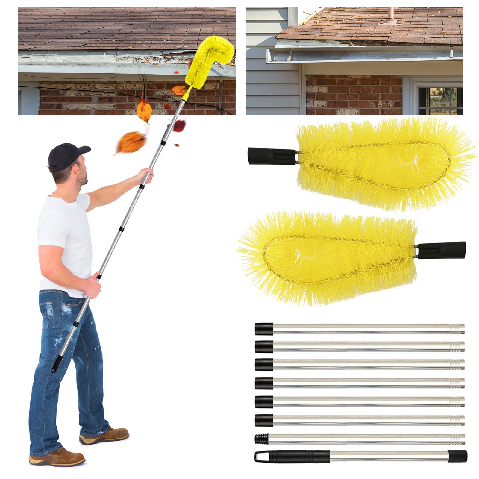 Gutter Cleaning Brush Roofing Tool,10ft 8 Pole Extendable Gutter Cleaning Tools Roof Gutter Cleaner Equipment with 2 Gutter Brushs Telescopic Gutter Cleaner for Leaves Debris Window Spider Web(Yellow)