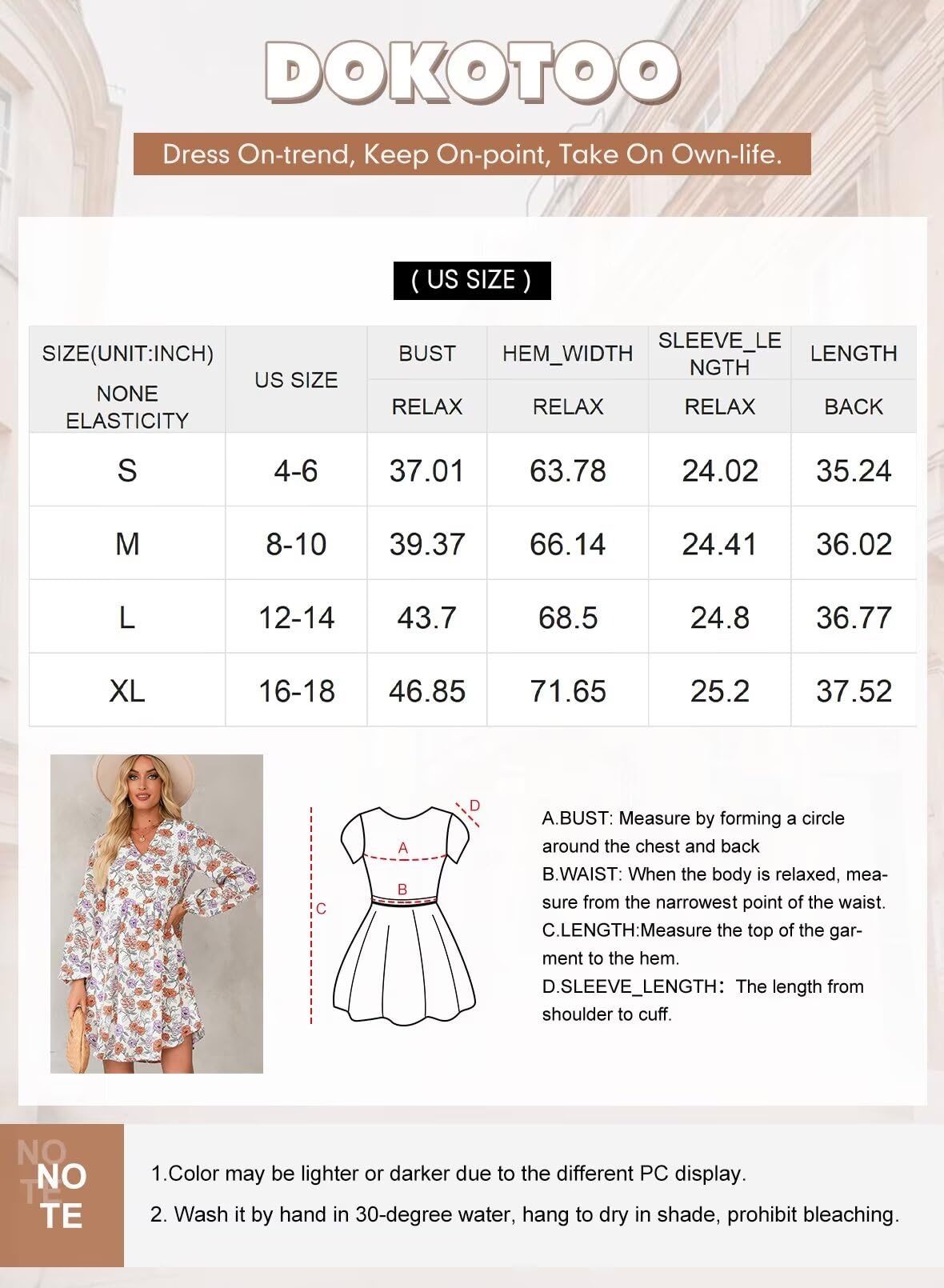 Dokotoo Women's V Neck Embroidered Lace Trim Flowy Dress Long Peasant Sleeve Floral Print A Line Mini Dress Summer Dresses for Women Orange Medium - Image 6