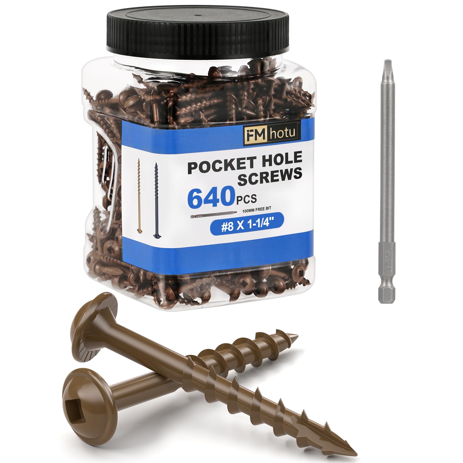 Photo 1 of #8 Pocket Hole Screws 1-1/4 Inch, 640Pcs Coarse Thread Wood Screws, Square Drive, Washer Head, 4-Layer Coating, Drive Bit Included (Brown)
