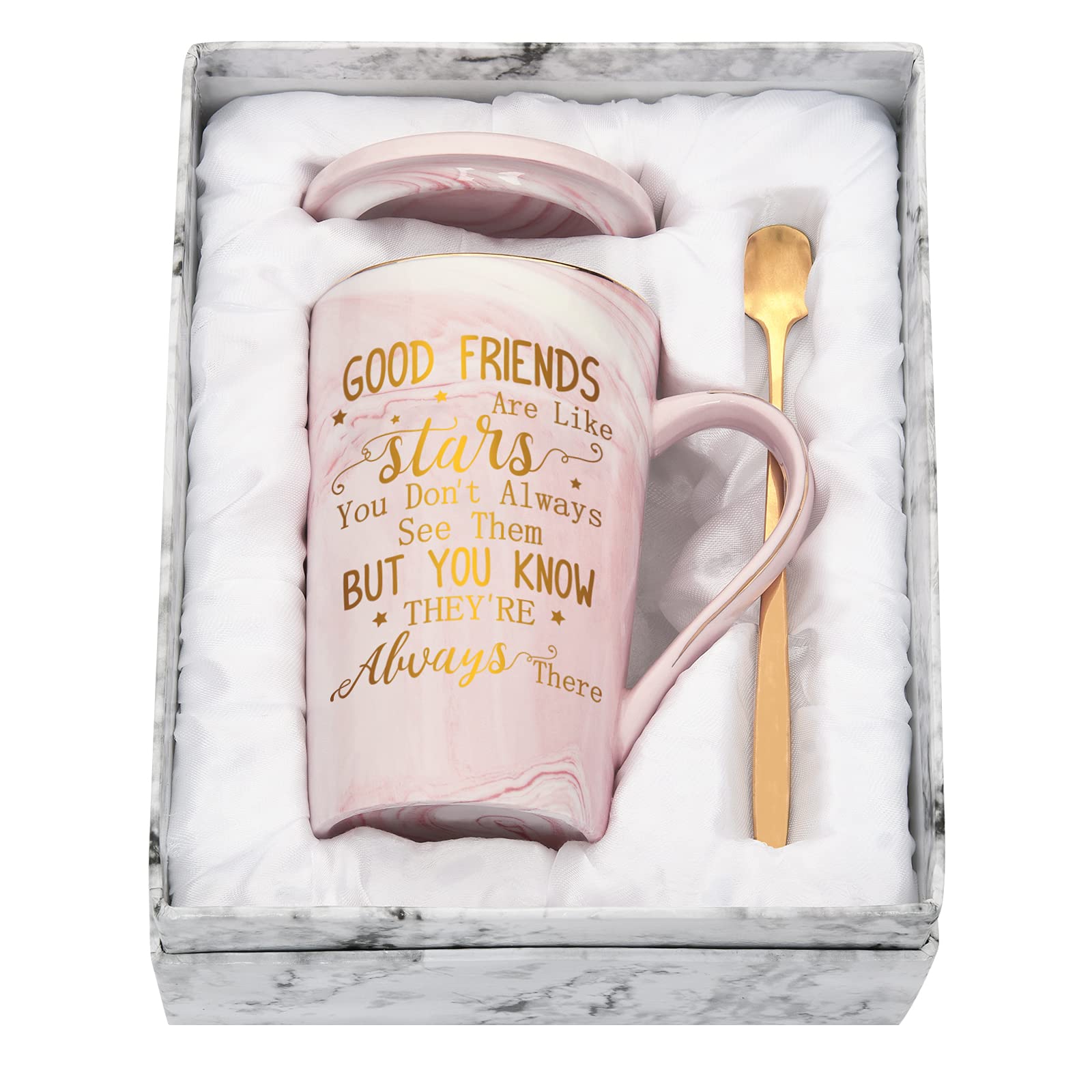 Joymaking Friendship Coffee Mug Set with Gift Box - Good Friends are Like Stars, 14 Oz Pink Marble Mug Tea Cup, Sister Gifts for Her, Girls, Friend Birthday