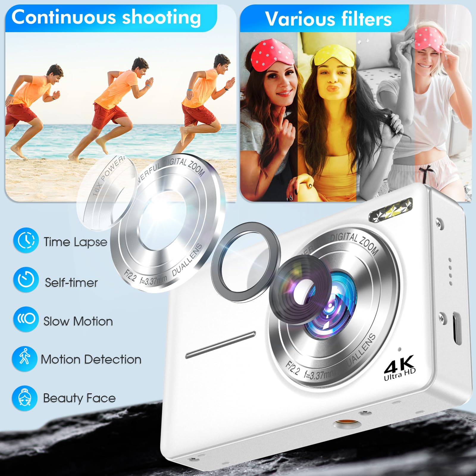 4K Digital Camera, 64MP Autofocus Vlogging Camera with Dual Lens, 16X Digital Zoom YouTube Compact Travel Point Shoot Camera for Teens Beginner, Anti-Shake,2 Batteries, 32GB Card (White)