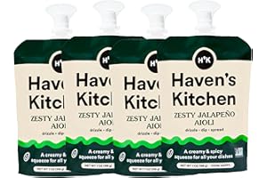 Haven's Kitchen Zesty Jalapeño Aioli - Premium Chickpea Powered - Easy Squeezy Pouch and Creamy-Spicy Indulgence - Gourmet Enhancement for Every Dish - Ideal for Dipping, Drizzling, Spreading and More! (4 Pack)