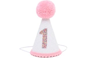 LINLULU First Birthday Hat for Baby Girls - White Glitter Birthday Hat with Pink Pom Topper, 1st Birthday Girl Decoration, Pink Birthday Decorations, 1st Birthday Outfit Girl, Cake Smash Photo Prop