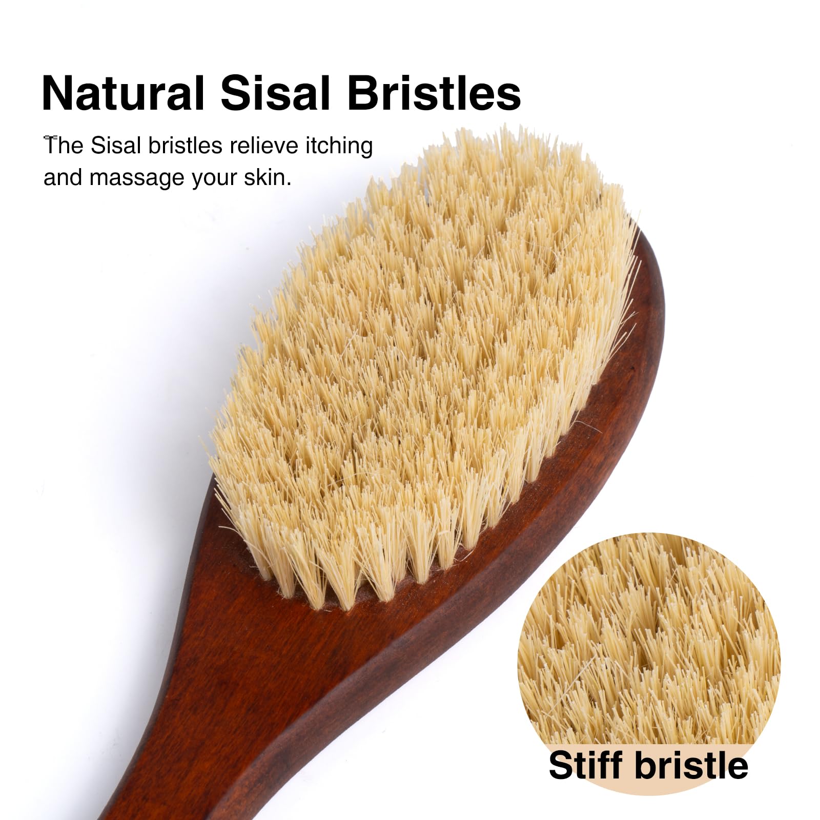 Wooden Bath Brush with Stiff Sisal Bristles Long Handle for Shower Back Scrubber Body Exfoliator, with Hook for Hanging (Stiff Sisal Hair)