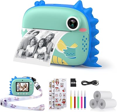 HiMont Kids Camera Instant Print 20MP Dual Lens 32GB Blue 3 Rolls Paper