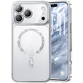 Magnetic for iPhone 17 Pro Max Case with Glitter Integrated Lens Protection, [Glossy Bumper &amp; Shiny Magnetic Ring] [Compatible with Magsafe] Cute Women Girly Phone Case for iPhone 17 Pro Max Silver