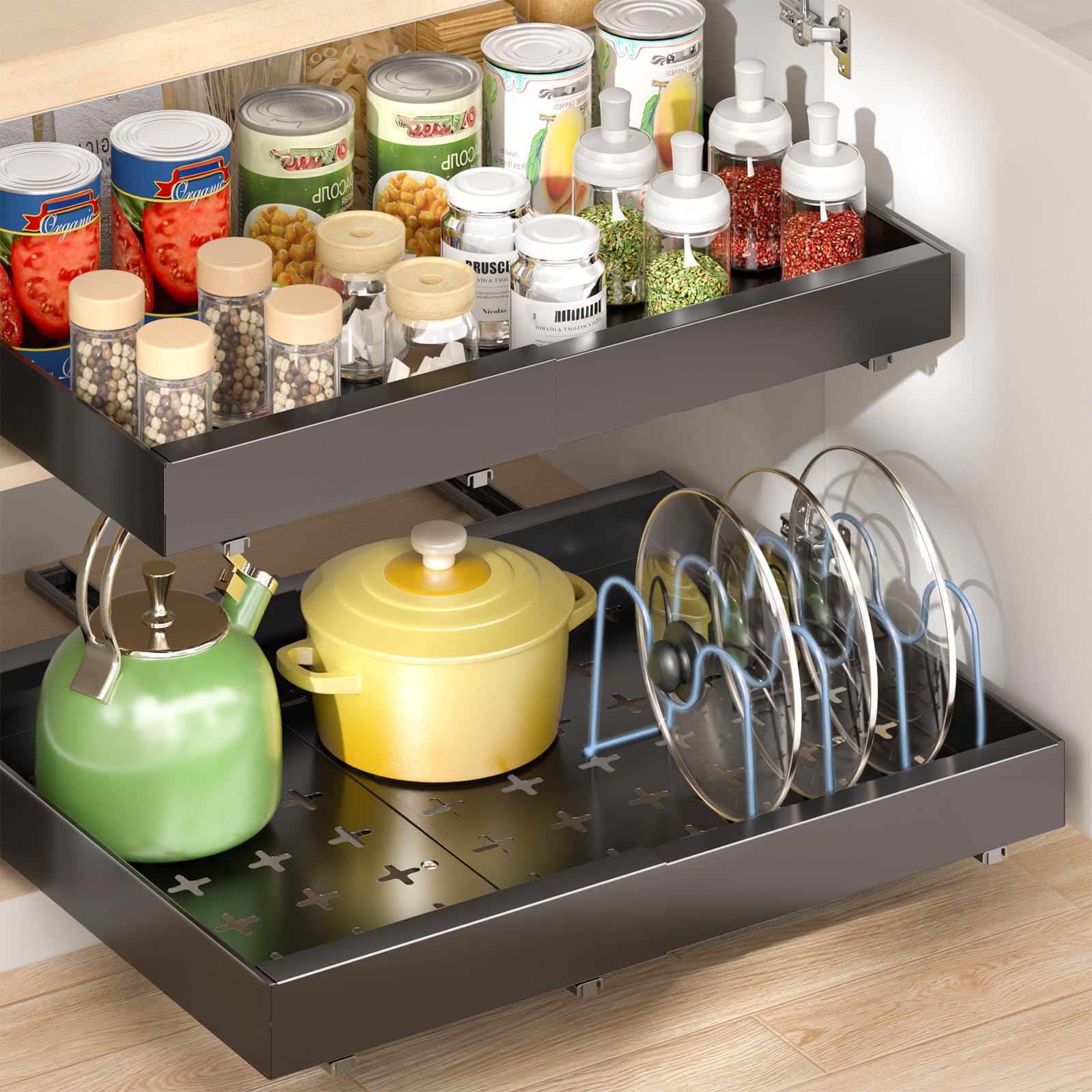Photo 1 of Delamu 2 Pack 16" Deep Pull Out Cabinet Organizer with 6 Dividers, Expandable (11.7 "-20" W) Pull Out Drawers for Cabinets, Cabinet Trays Pull Out for Cabinets in Kitchen, Pantry or Bathroom