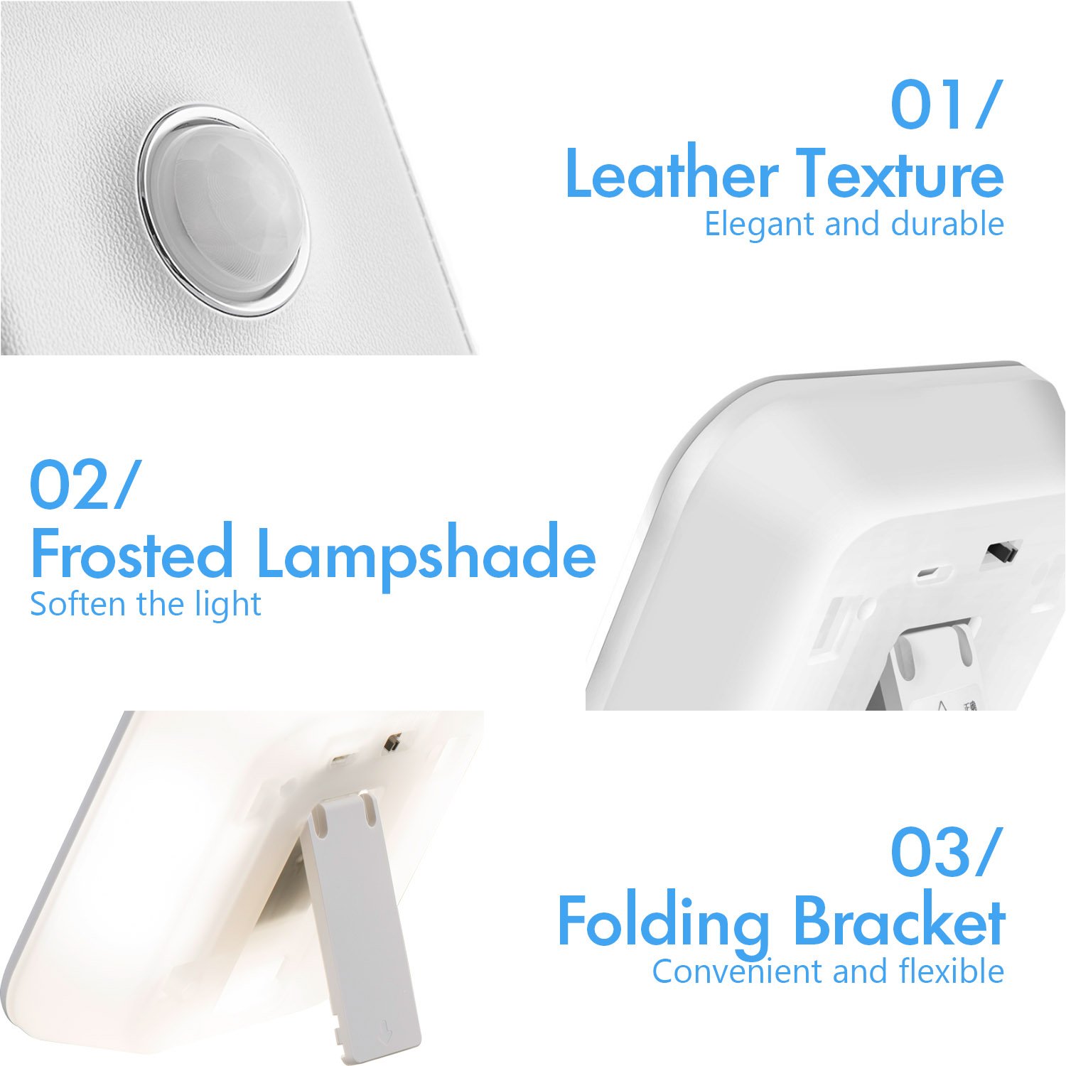 Motion Sensor Indoor LED Night Light, USB Rechargeable Stick-Anywhere Cordless Auto On Off Light, Imitation Leather Texture Warm Light for Children Bedroom, Hallway, Stairs, Bathroom, WISBEAM, White