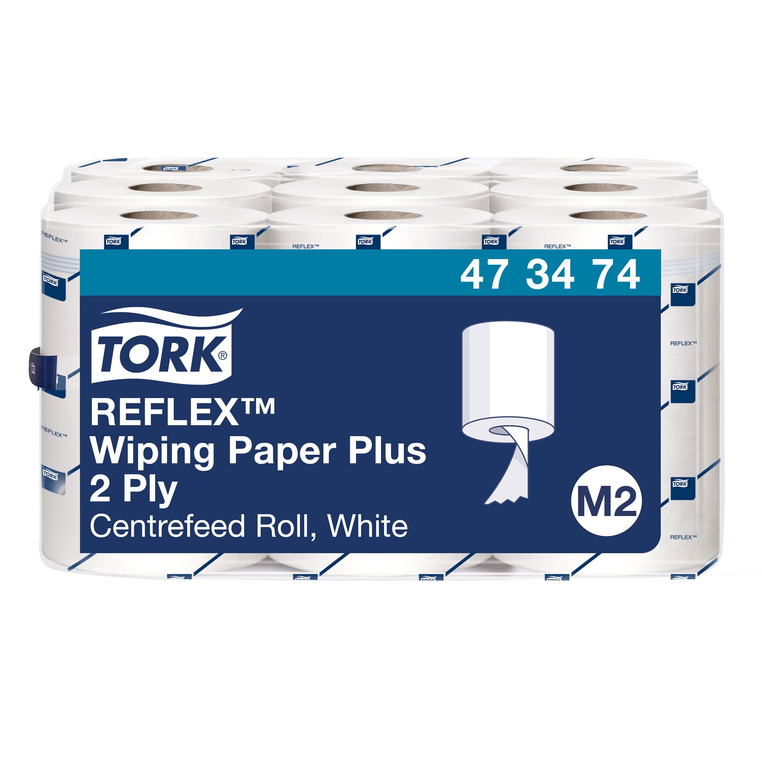 Tork 473474 Reflex Wiping Paper Plus / 2 Ply Absorbent Advanced Paper Roll Suitable for Tork M3 Centrefeed Reflex Mini Roll System / White / 9 x 67m / Ø 12.7cm