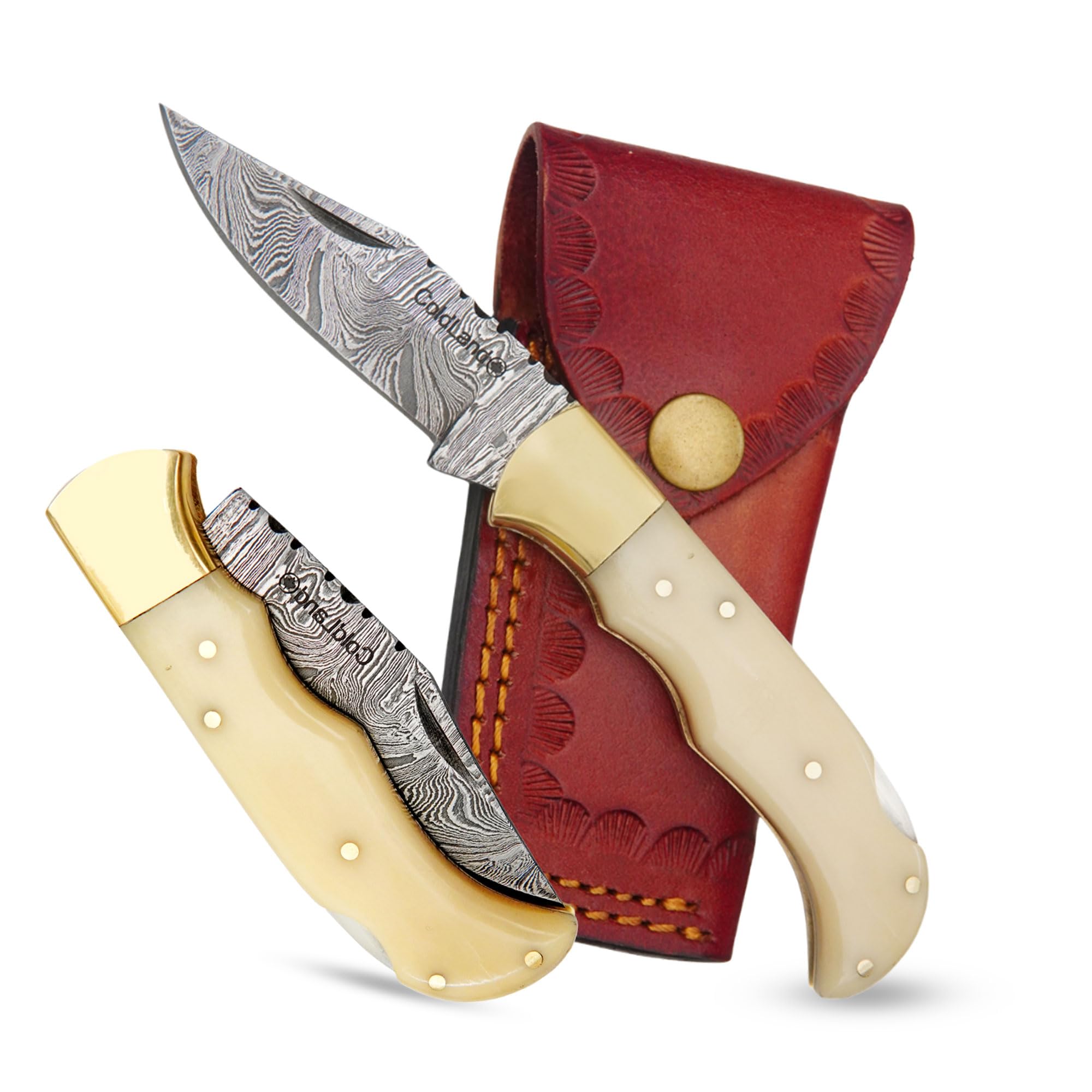 Photo 1 of ColdLand Damascus Pocket Knife - 6.75 Inch Folding Knife with Camel Bone Handle & Back Lock Mechanism - Includes Leather Sheath - Full Tang Knives for EDC, Hunting, Skinning & Camping (ILFOL01)