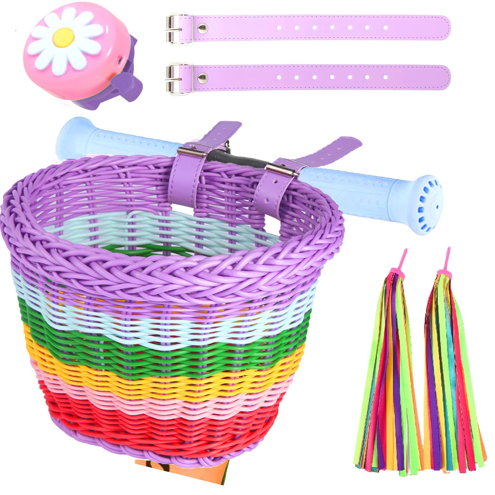 SVNR Kids Bike Basket,Girl Bike Basket, Cycling Handle Bowknot Streamers and Bell, Children Cycling Baskets with Spare Leather Straps, Easy Install Detachable (Rainbow)