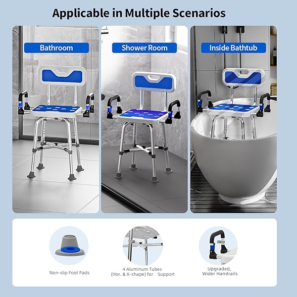 DRSUPPOR SHOWER CHAIR WITH ARMS AND BACK FOR SENIORS ELDERLY HANDICAP DISABLED OR BARIATRIC ADULTS HEAVY DUTY 500 LBS ADJUSTABLE STOOL BENCH SEAT FOR INSIDE SHOWER STALL,WHITE