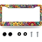 Bright Flowers Colorful Floral License Plate Frame Flower License Plate Stainless Steel Funny License Plate Holder for Women Cute Car Accessory Decoration 12.3" x 6.3"