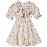 Girls Dresses Short Sleeve Floral Dress Kids Casual Boho Dress V Neck Ruffle Smocked High Waist Midi Outfit