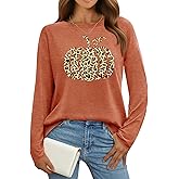 RECUTEWU Halloween Pumpkin Shirt for Women: Leopard Pumpkins Print T-Shirt Fall Thanksgiving Long Sleeve Tee Blouse