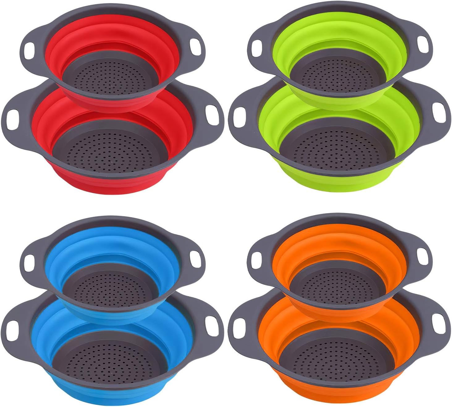Hedume Set of 8 Collapsible Colander, Food-Grade Silicone Kitchen Space Saver Folding Strainer Colander Set - 4 pcs 8 in and 4 pcs 9.5 in - Perfect for Draining Pasta, Vegetable and Fruit
