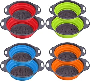 Hedume Set of 8 Collapsible Colander, Food-Grade Silicone Kitchen Space Saver Folding Strainer Colander Set - 4 pcs 8 in and 4 pcs 9.5 in - Perfect for Draining Pasta, Vegetable and Fruit