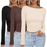 Ekouaer Long Sleeve Shirts Casual Basic Tees Boat Neck Tops