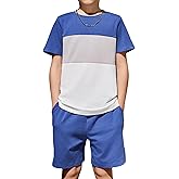 Arshiner Boys Blue & Gray Colorblock T-Shirt and Shorts Outfit Casual Summer matching Set 11-12 Years