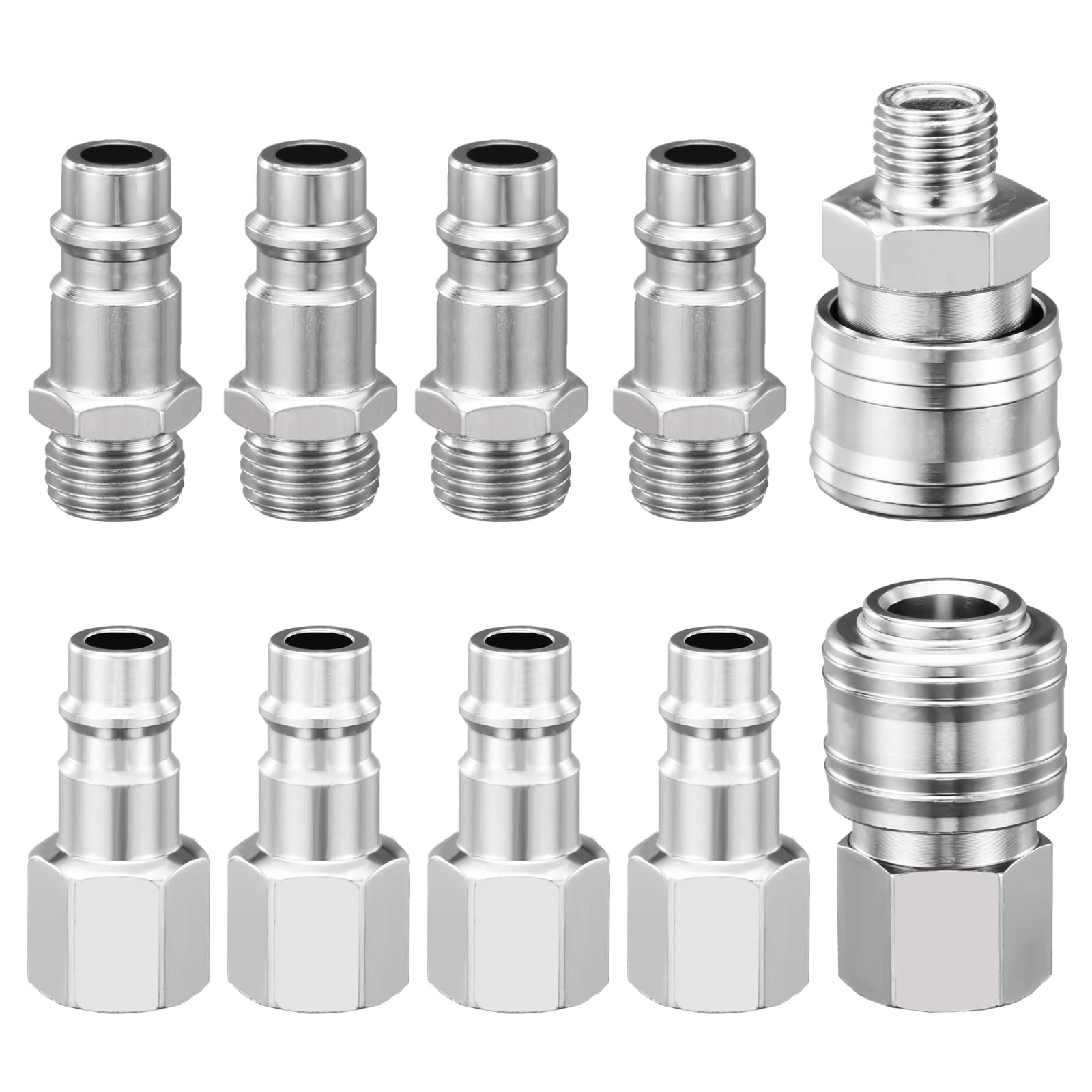 Spurtar 10 Pcs Air Line Connectors, 1/4” BSP Air Tools to Connect Compressor, Hose Accessories, Airline Fittings Couplings Plug Kit with Male Female Thread Set
