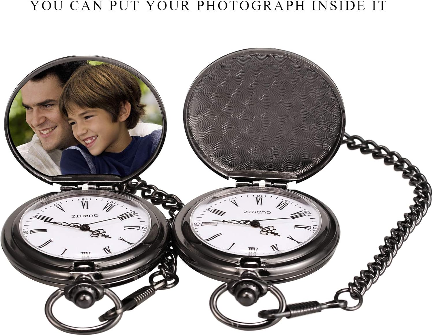 TREEWETO Pocket Watch with Engraving Chain Men's Black Gift for Birthday Son black - Image 5