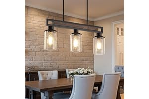 HUONG SON Farmhouse Dining Room Light Fixture, 3-Light Wood Kitchen Island Lighting for Dining Room Over Table, Black Adjustable Pendant Light with Seeded Glass Shades, Linear Chandeliers Lighting for Kitchen