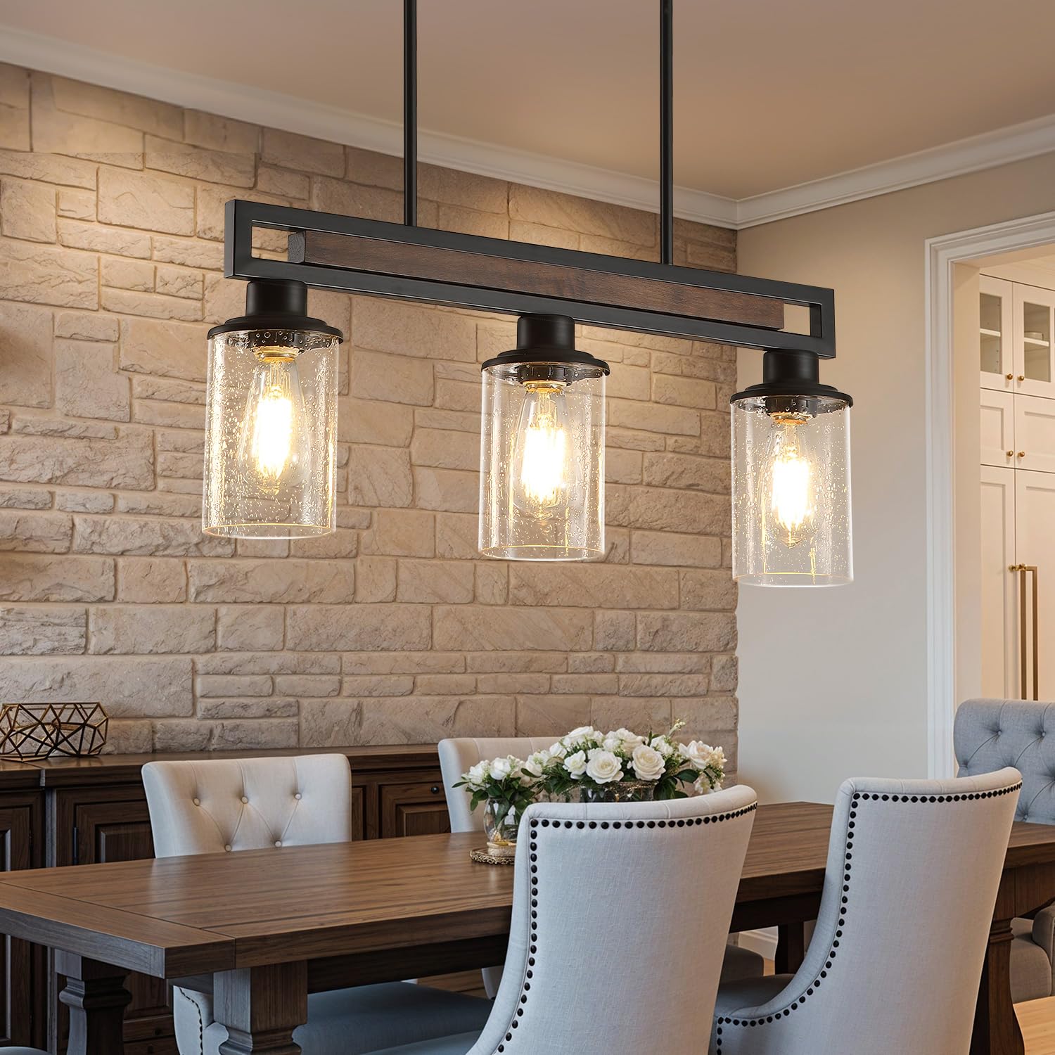 Photo 1 of Farmhouse Dining Room Light Fixture, 3-Light Wood Kitchen Island Lighting for Dining Room Over Table, Black Adjustable Pendant Light with Seeded Glass Shades, Linear Chandeliers Lighting for Kitchen