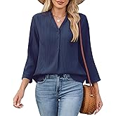 Quatrefox 3/4 Length Sleeve Womens Tops 2025 Summer Trendy Shirts V Neck Button Textured Blouse Curved Hem