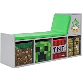 Minecraft: Storage Bench - Wooden Storage w/Cushioned Reading Shelf, 4 Themed Storage Cubes, Seating &amp; Organization In 1, Game Theme D&eacute;cor, Licensed