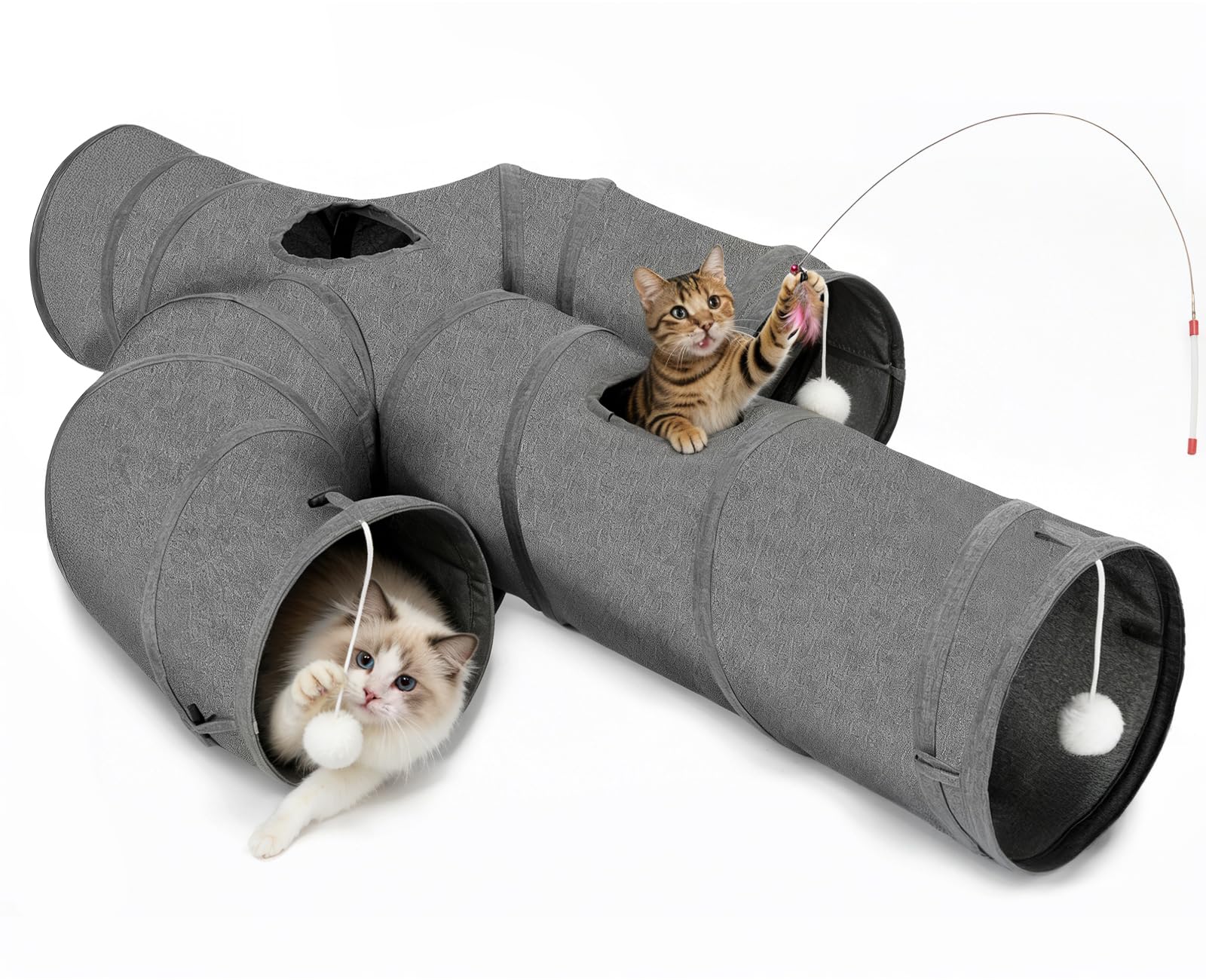 Ownpets Cat Tunnel, Larger Cactus Shape Pet Tunnel with Sturdy Oxford Fabric, Foldable and Resistant to Tearing, Featuring Multiple Exits, Hanging Ball and Teaser Wand,Grey, 30cm Diameter