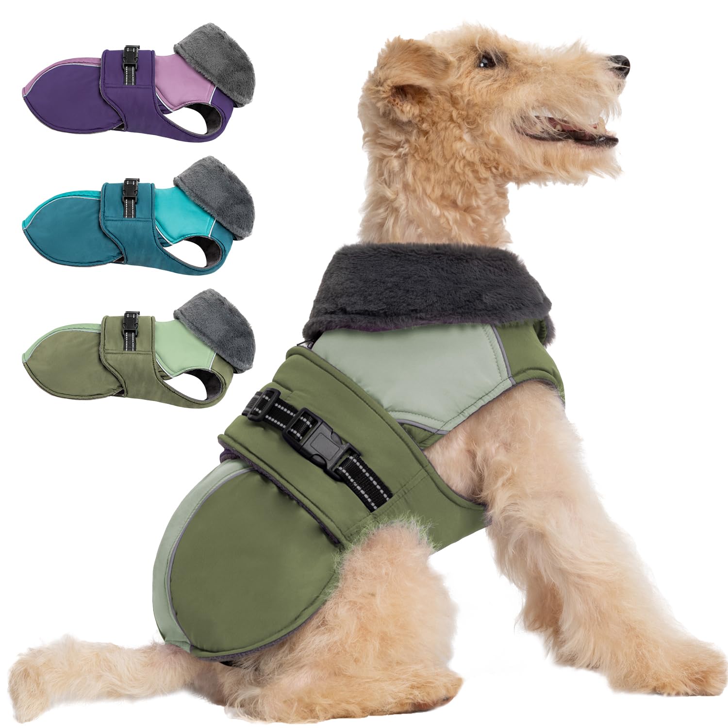Aimydog Dog Winter Coat - Adjustable Snow Jacket with Zippered Leash Hole, High Collar Cozy Dog Winter Clothes, Green, S-2XL
