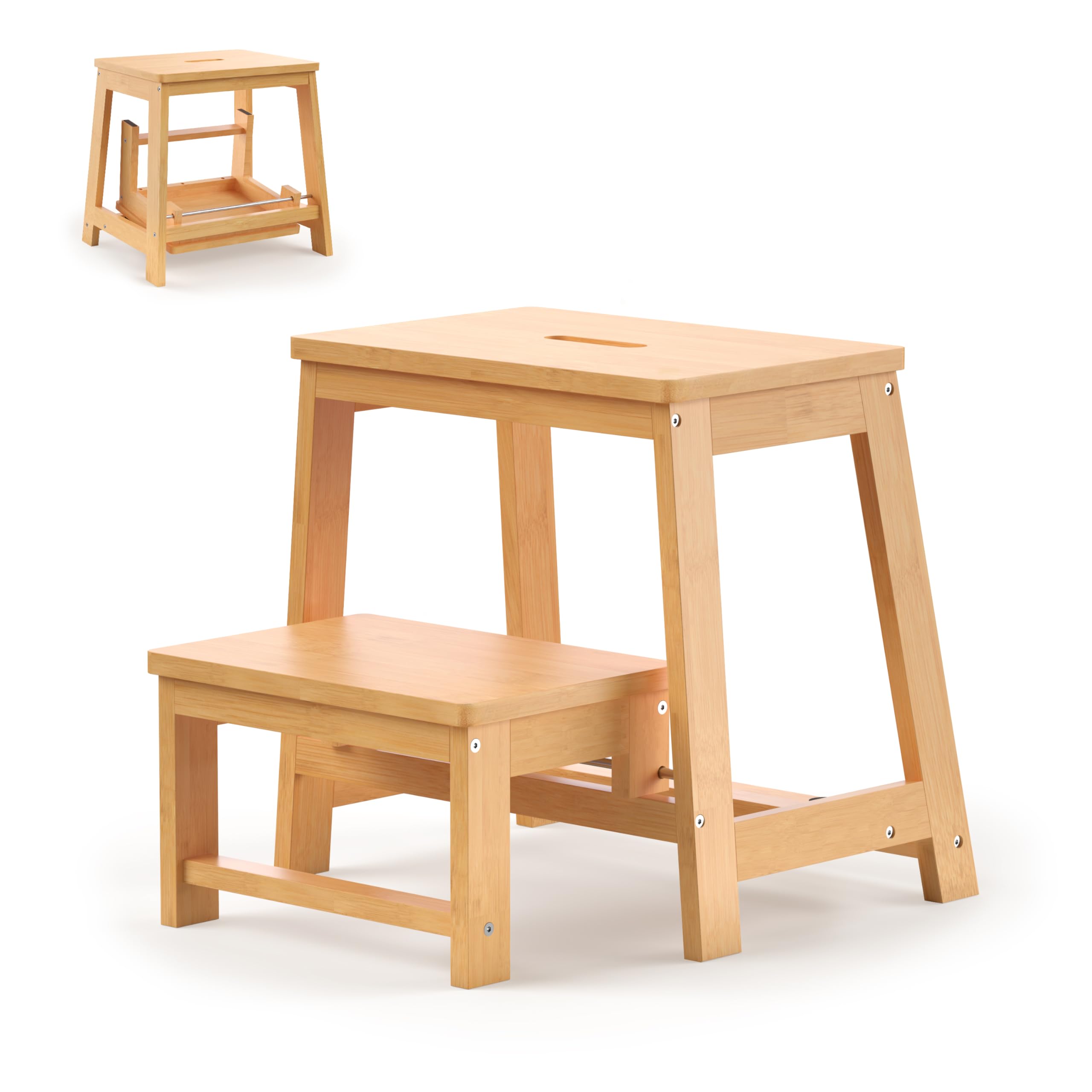 Photo 1 of BEKVEM Bamboo Folding Step Stool with Sturdy Structure and Wide Stepping Surface for Safety, Multi-Purpose Foldable Step Ladder for Bathroom,Bedroom,Kitchen Step Stools for Kids & Adults, 400 lbs