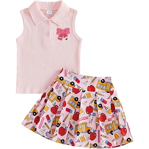LAGKIYOJ Kids Girl Back to School Outfit Apple Tank Tops Elastic Waist Pleated Skirt