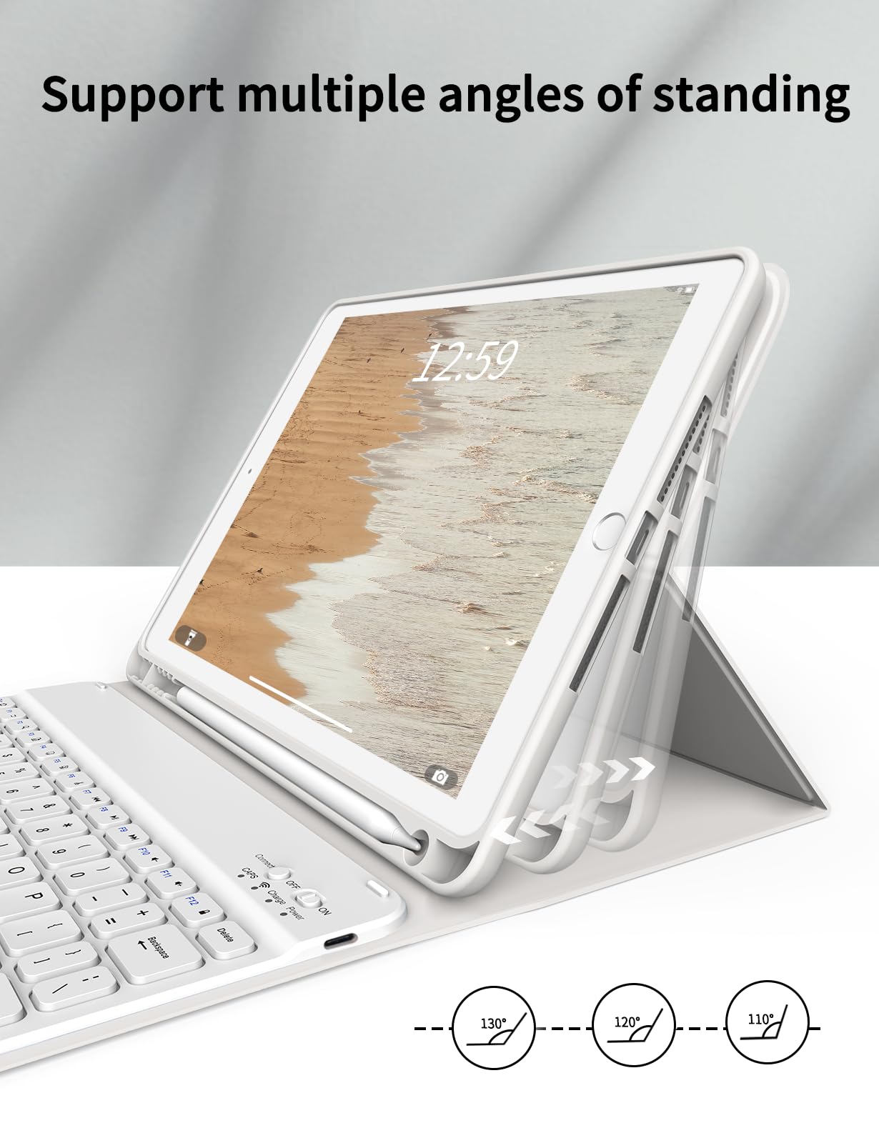 kenke Case with Keyboard for iPad 9th/8th/7th Generation 10.2 inch 2021/2020/2019 Detachable Wireless Bluetooth Keyboard Cover Thin & Light with Left Side Pencil Holder Auto Wake/Sleep（Gray）