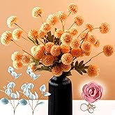 12 Pcs Faux Silk Pompon Mum Artificial Flowers, Fake Mums Long Stem Flowers, Pom Pom Faux Kiku Flower Bulk for Aesthetic Room Decor, Floral Arrangements Centerpiece (Beige)