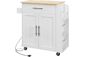 HOMCOM Kitchen Island with Storage, Rolling Kitchen Cart with AC Outlets and USB Ports, Microwave Stand with Towel and Spice Rack, White