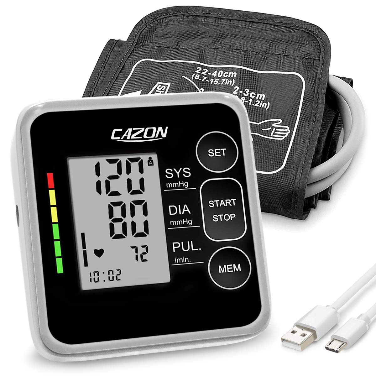 CAZON Blood Pressure Monitor Cuff Upper Arm Blood Pressure Machine Home Use BP Device Automatic Heart Pulse Rate Monitoring Meter with Cuff 22-40cm, 2×120 Sets Memory (Black)