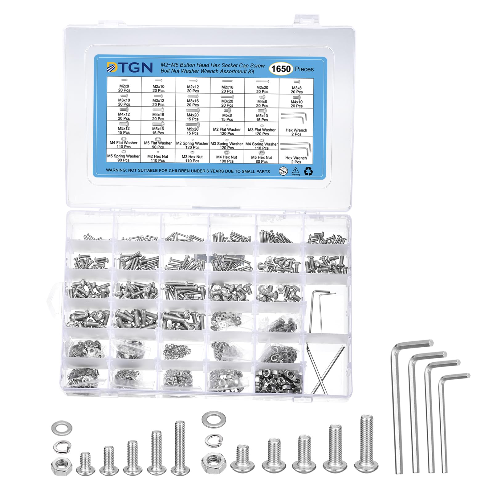 DTGN 1650Pcs M2/M3/M4/M5 Button Head Hex Socket Cap Screw - 8-20mm Bolt Nut Washer Wrench Assortment Kit 304 Stainless Steel - Good for Machine, Furniture
