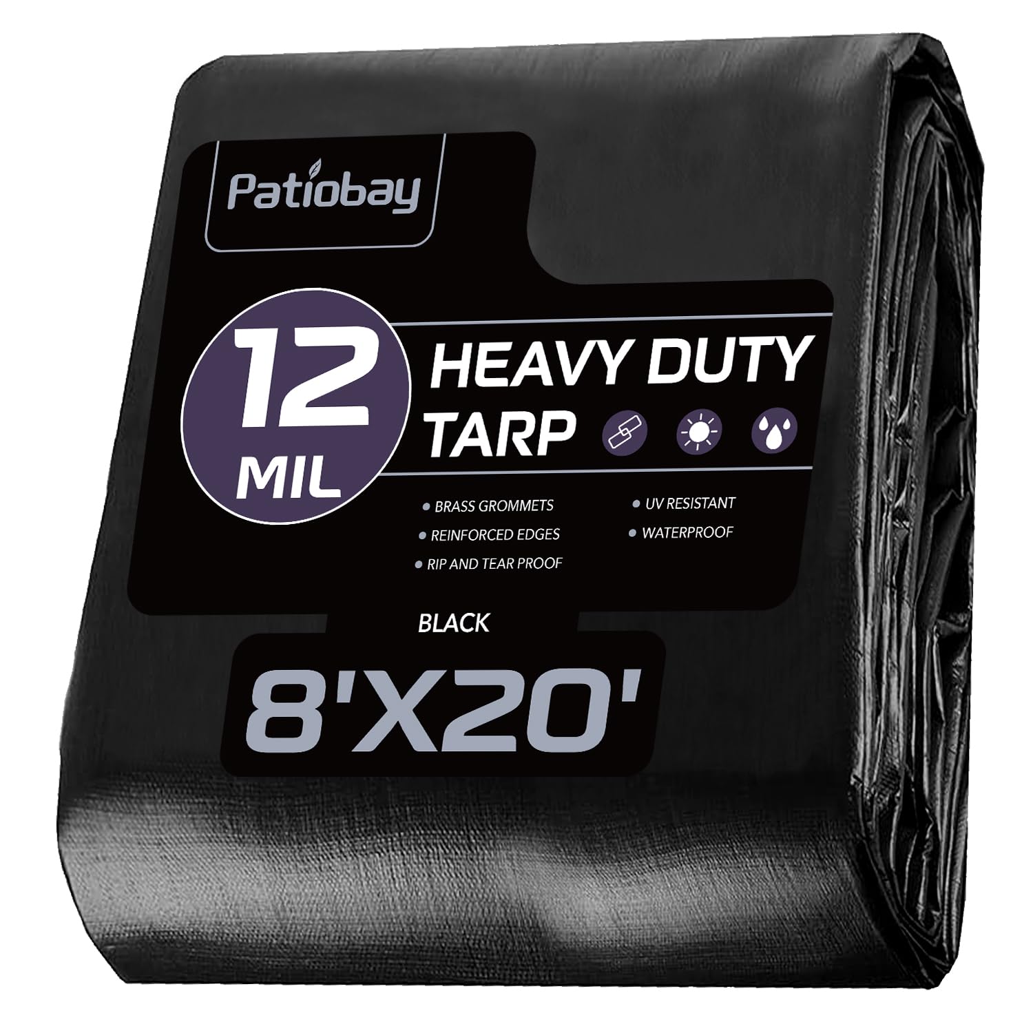 Patiobay Tarp 8x20FT, 12 Mil, Heavy Duty Waterproof Tarps with Grommets Every 23.6", 420D Thick Plastic Tarp, UV Resistant, Tear & Fade Resistant, Reinforced Edges for Outdoor Pool, Camp, Tent Image