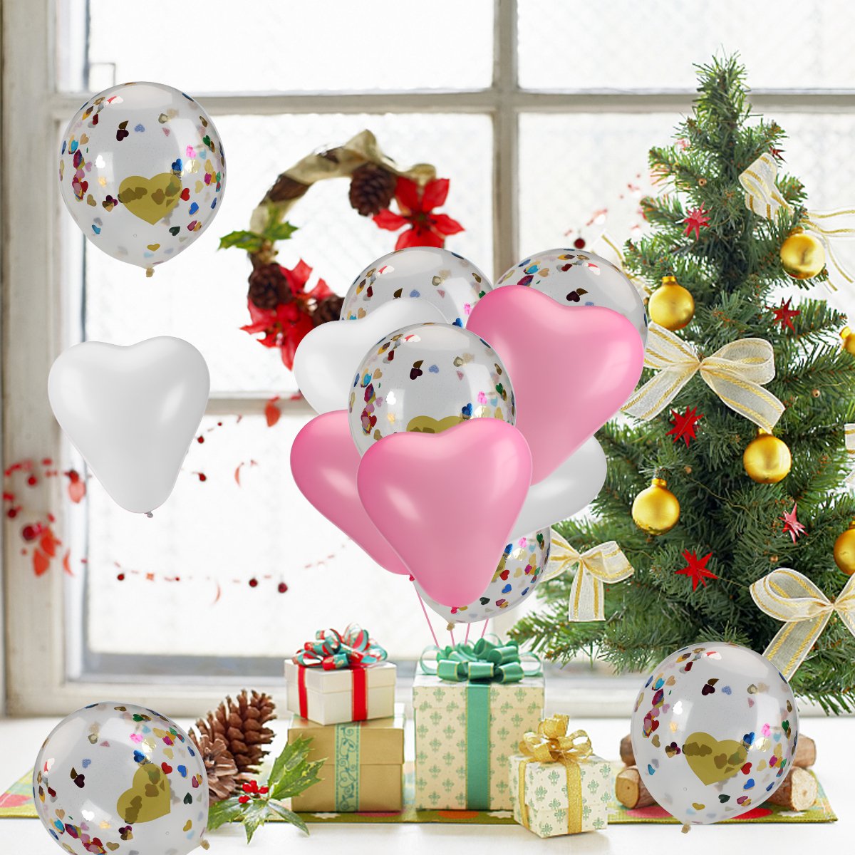 15 Pcs Heart Confetti Balloons with 30 Pcs 12 \'\' Pink and White Latex Heart Shape Party Balloons for Wedding Renewal Valentine\'s Bridal Shower Party Bachelorette Celebration Anniversary