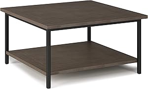 SIMPLIHOME Skyler SOLID MANGO WOOD and Metal 34 inch Wide Square Modern Industrial Coffee Table in Walnut Brown, for the Living Room and Family Room