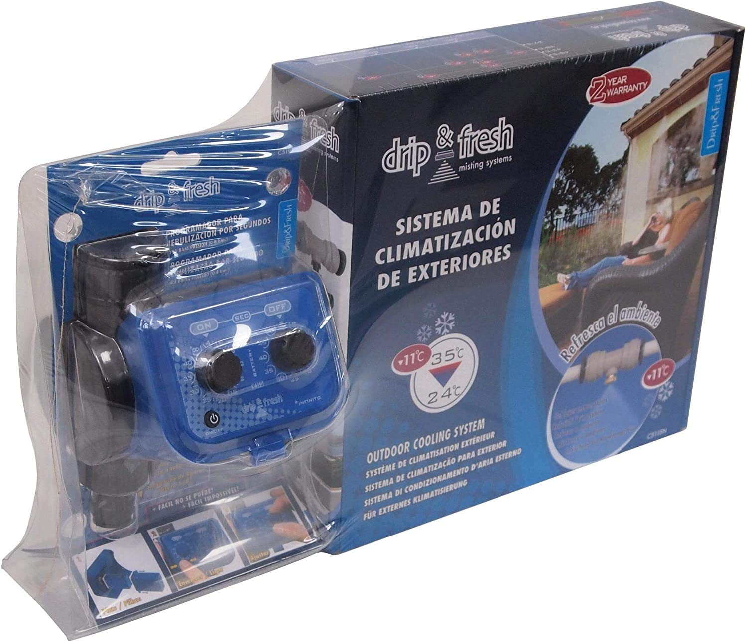 Drip&Fresh C5121 C5121-Complete Misting Kit for Decking and Patios, Includes Analog Seconds Programmer and 8 Nebulators, Blue