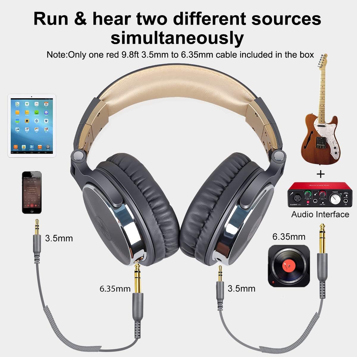 OneOdio Over Ear Headphone, Wired Bass Headsets with 50mm Driver, Foldable Lightweight Headphones with Shareport and Mic for Recording Monitoring Mixing Podcast Guitar PC TV - (Grey): Home Audio & Theater