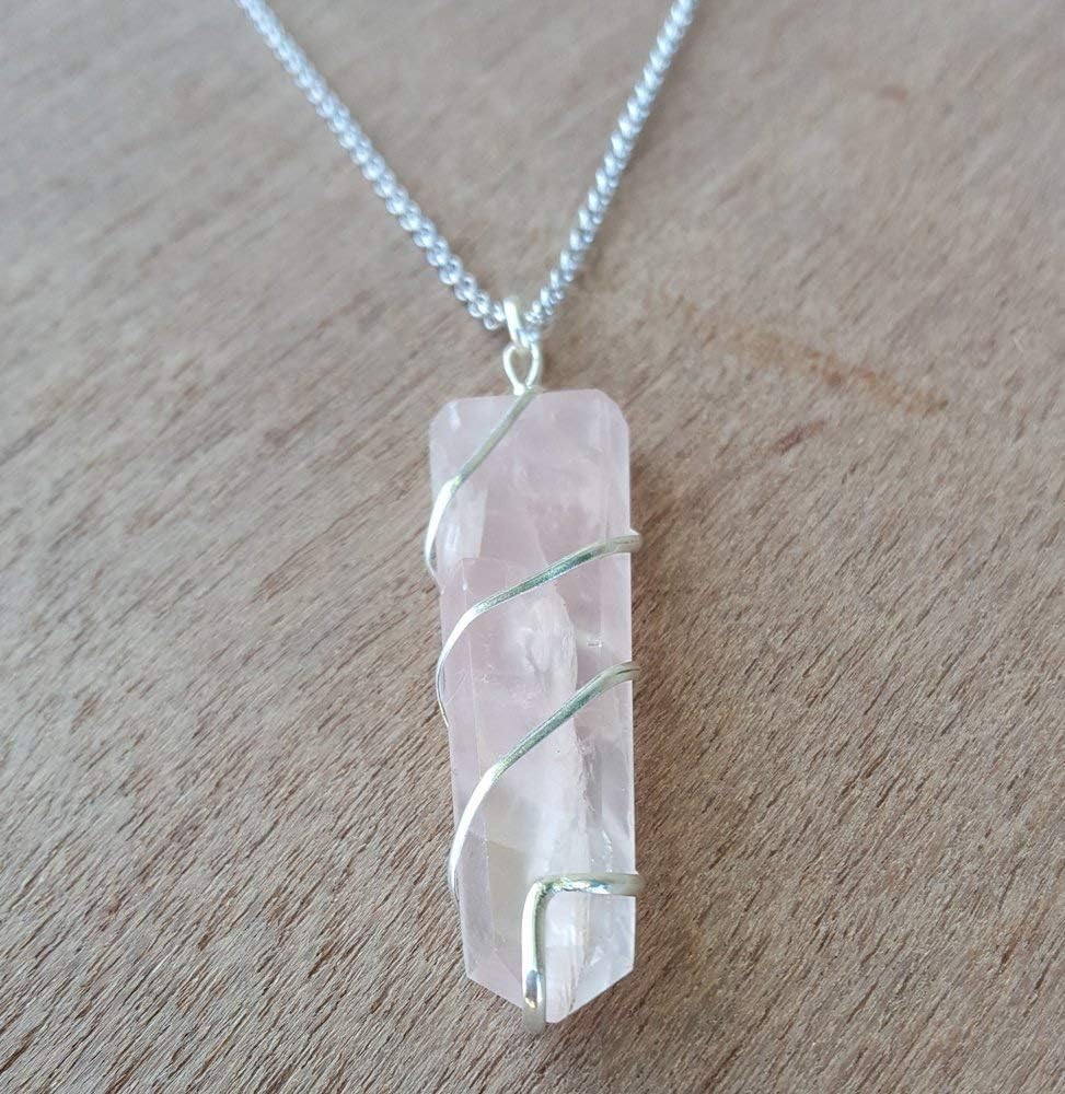 Rose Quartz Crystal Necklace Gemstone Chakra Jewelry Silver Pink Necklace 22 inches