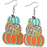 Handmade Thanksgiving Pumpkin Dwarf Double-sided Wooden Dangle Earrings Colorful Lightweight Flower Pumpkin Pie Coffee Cup Triple Hanging Earrings for Women Thanksgiving Day Fall Holiday Jewelry